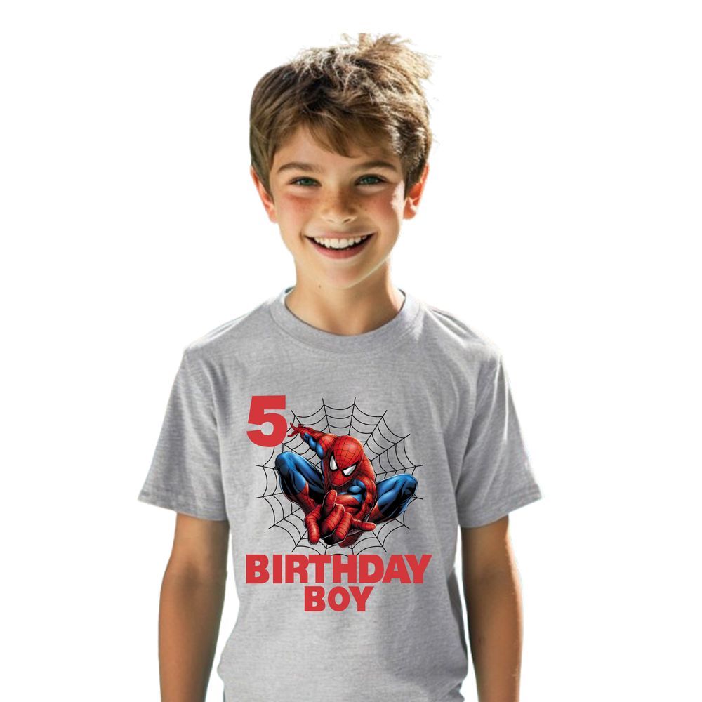 Matching Family Outfits - 5th Birthday Boy Spiderman Printed T-Shirt - Grey