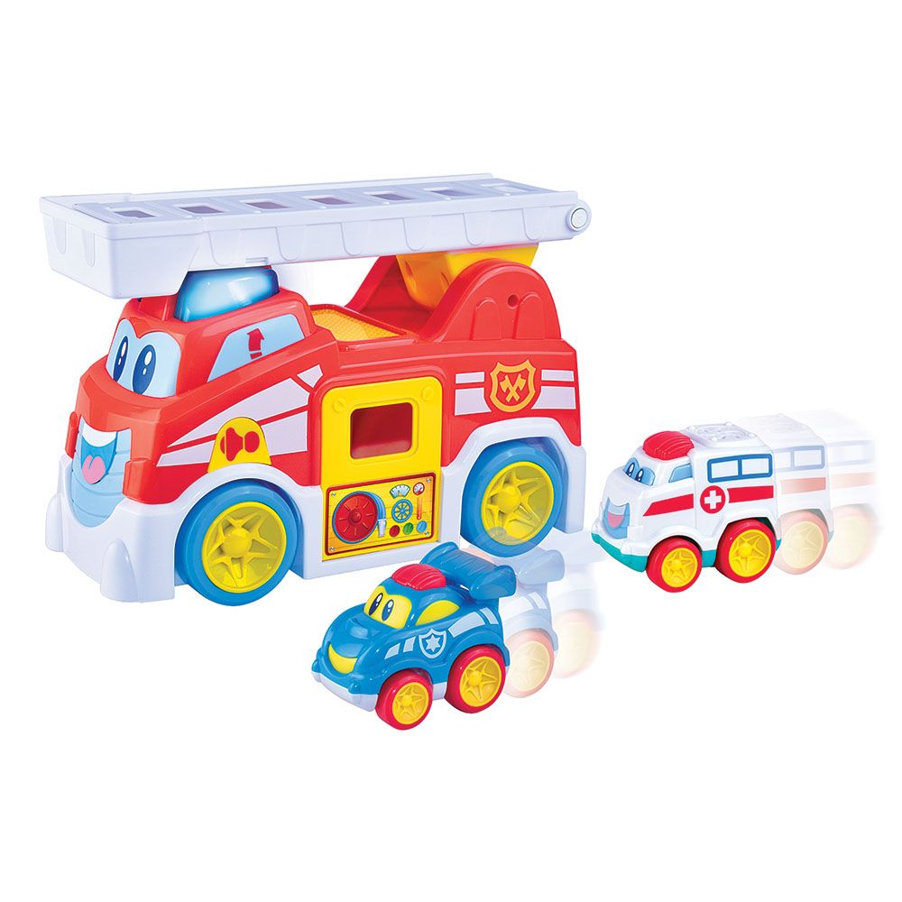 Happy Kids - Vroom Vroom Fire Truck Light And Sound Vehicle Playset - 3pcs