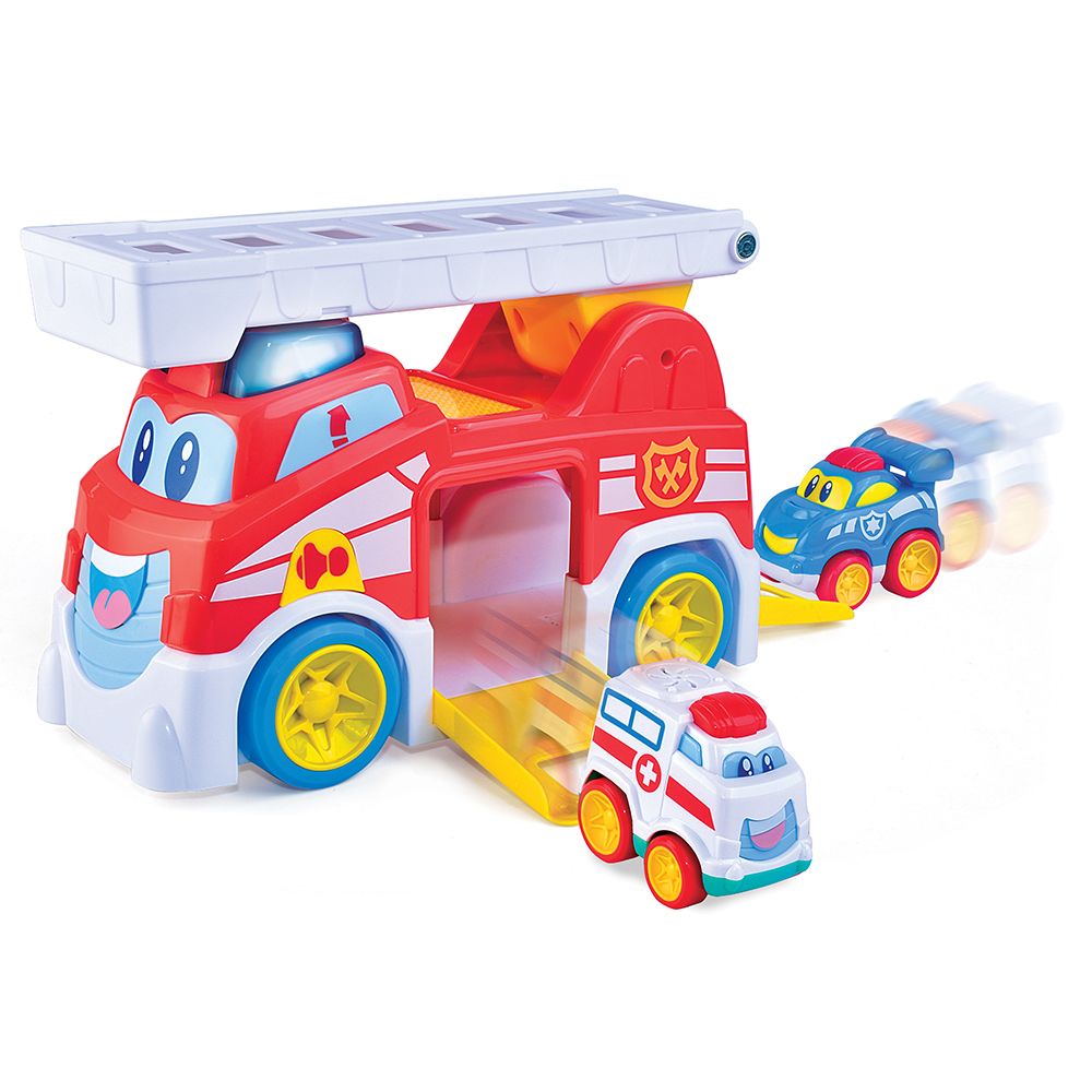 Happy Kids - Vroom Vroom Fire Truck Light And Sound Vehicle Playset - 3pcs