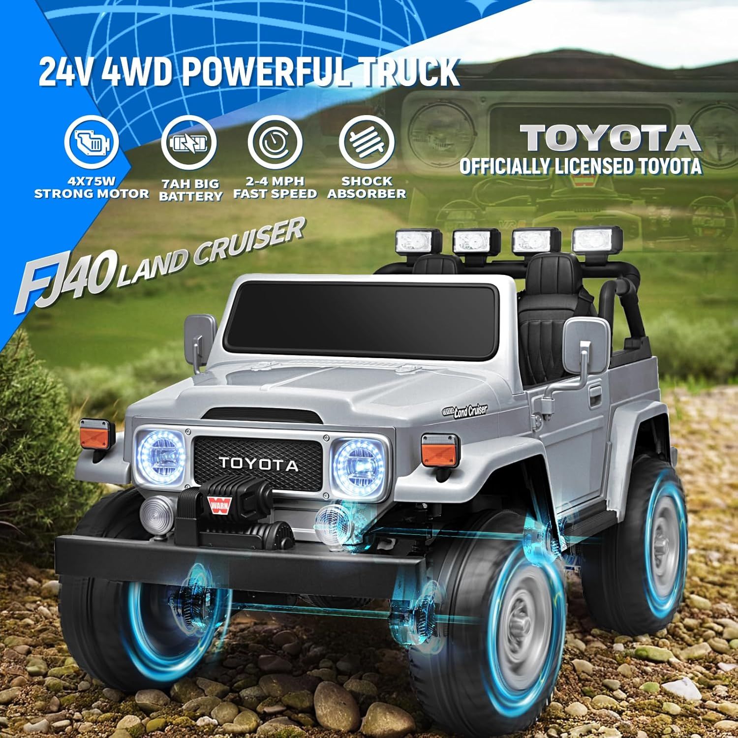 Toyota - Kids Remote Control Ride On Jeep - Light Grey - 24 V