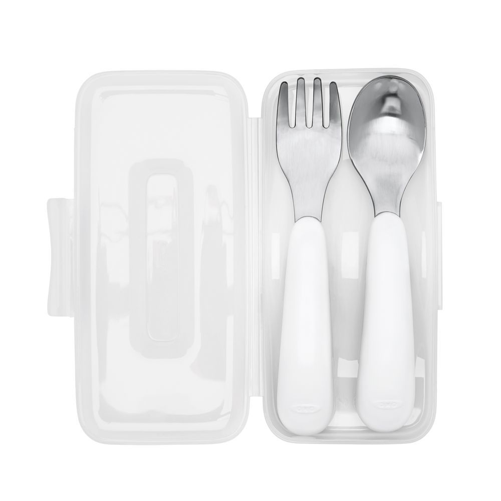 Oxo-Tot - On-The-Go Fork And Spoon With Case Set - Teal/White - 2pcs