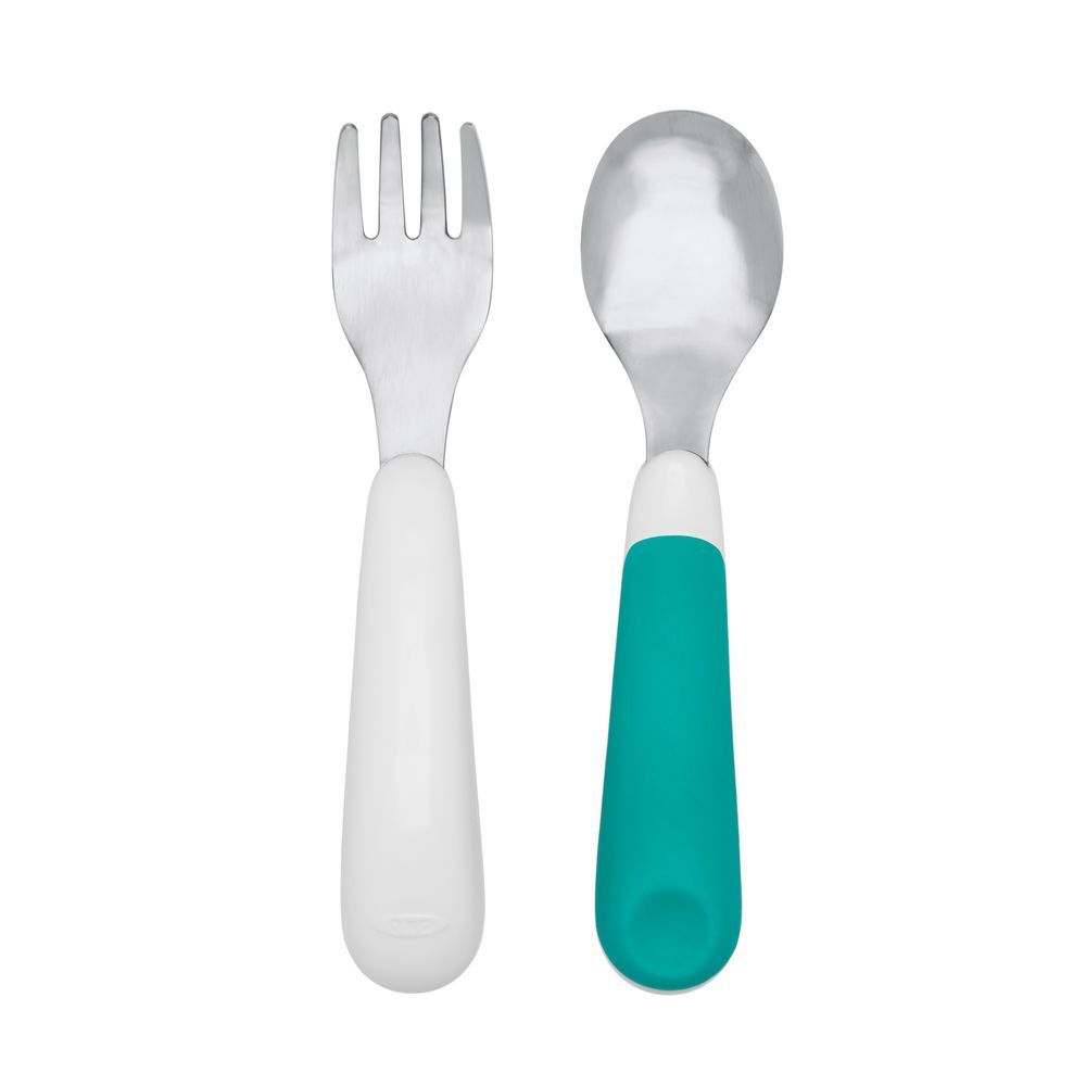 Oxo-Tot - On-The-Go Fork And Spoon With Case Set - Teal/White - 2pcs