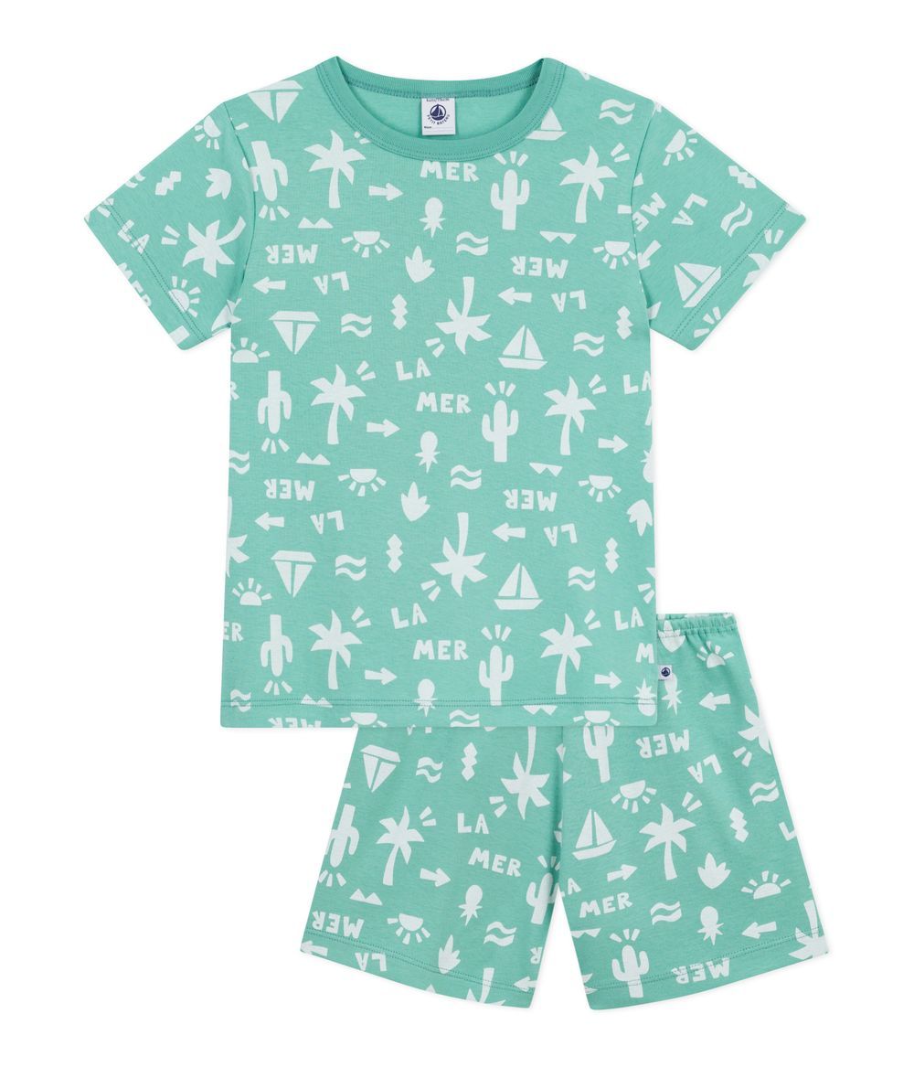 Petit Bateau - 2pc-Set - Kids Printed Top And Short - Aloevera/Marshmallow Green/White