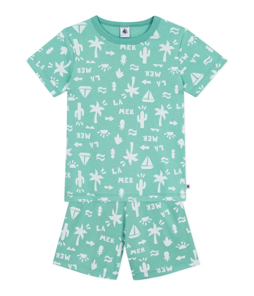 Petit Bateau - 2pc-Set - Kids Printed Top And Short - Aloevera/Marshmallow Green/White