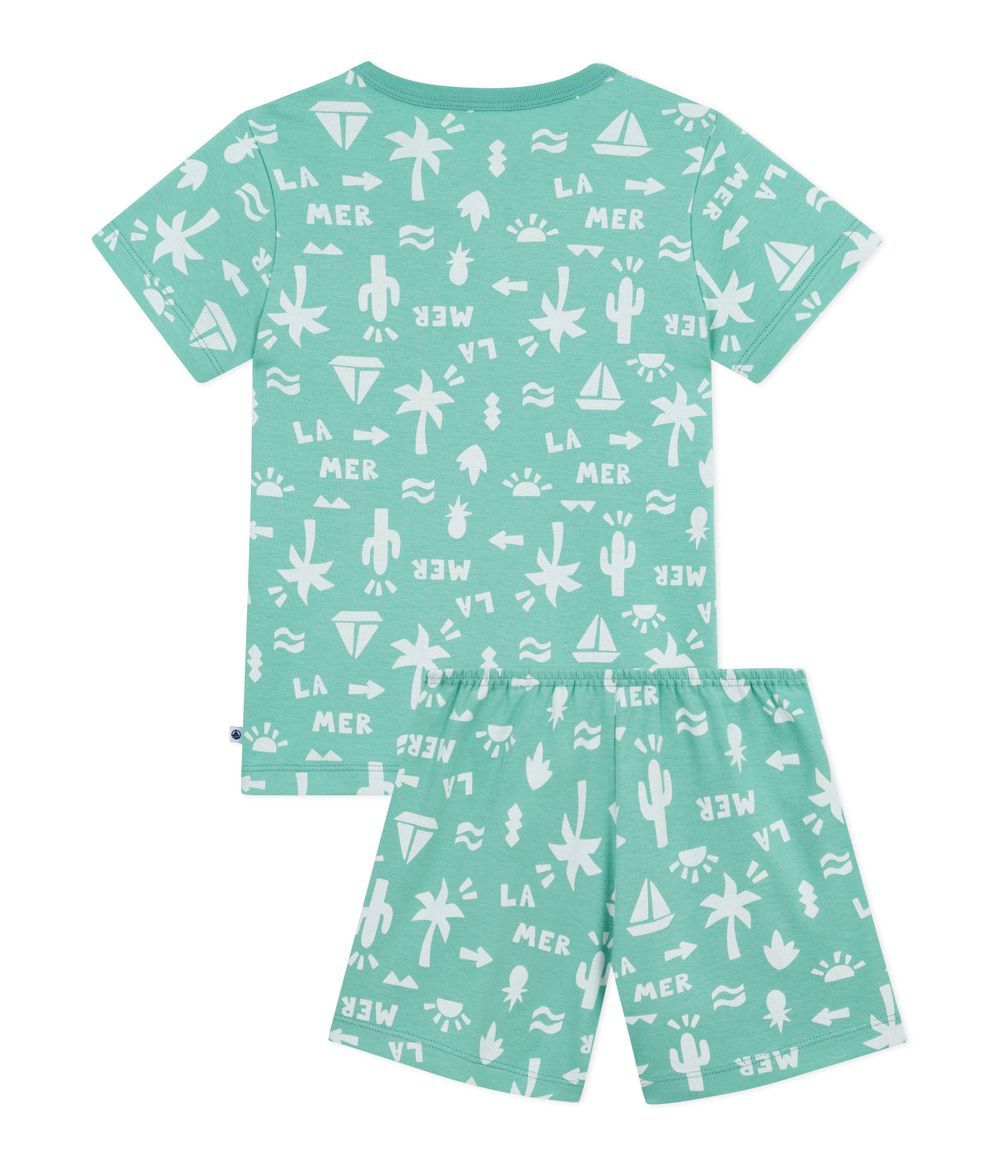 Petit Bateau - 2pc-Set - Kids Printed Top And Short - Aloevera/Marshmallow Green/White