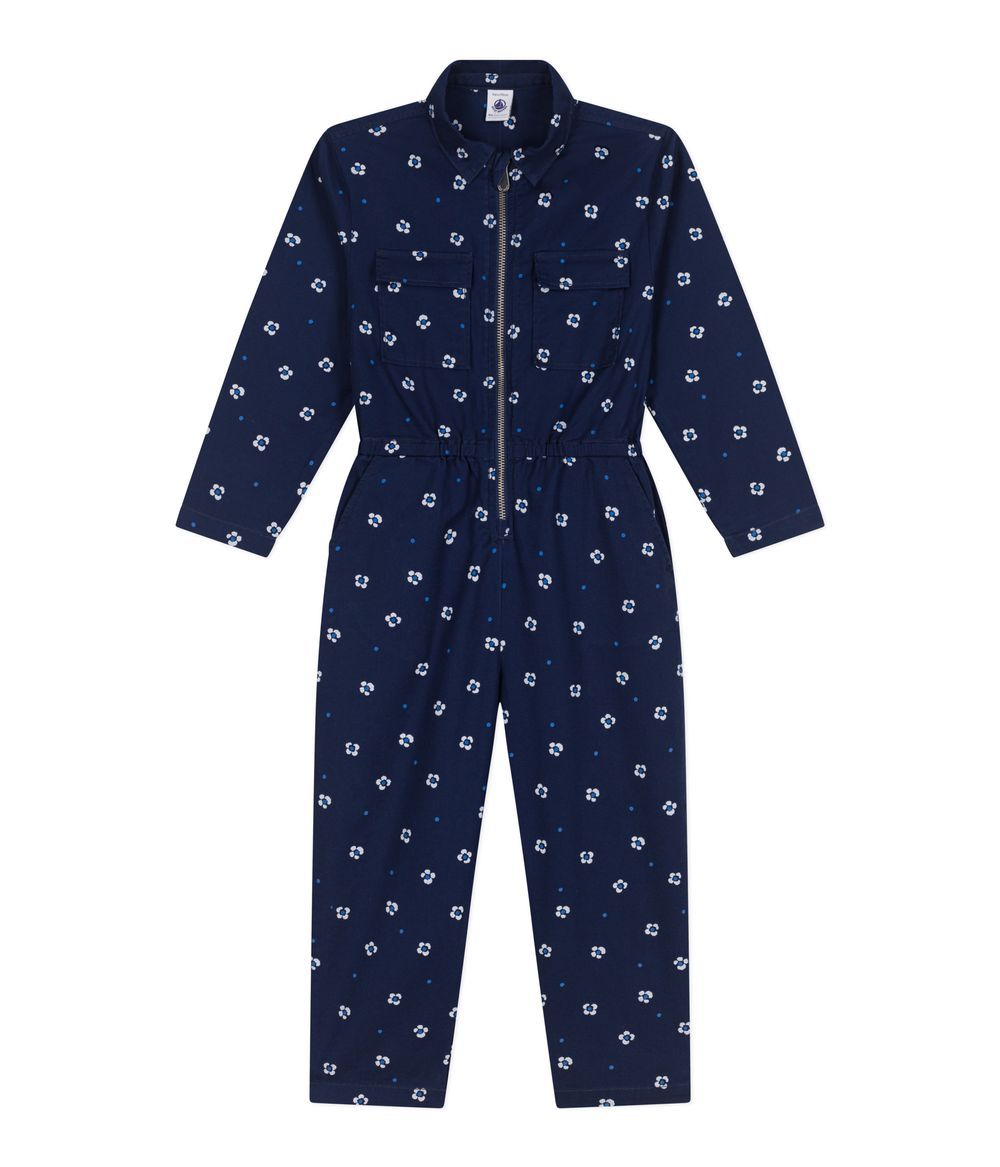 Petit Bateau - Girl's Long Sleeves Floral Jumpsuit - Medieval/Marshmallow Blue/White