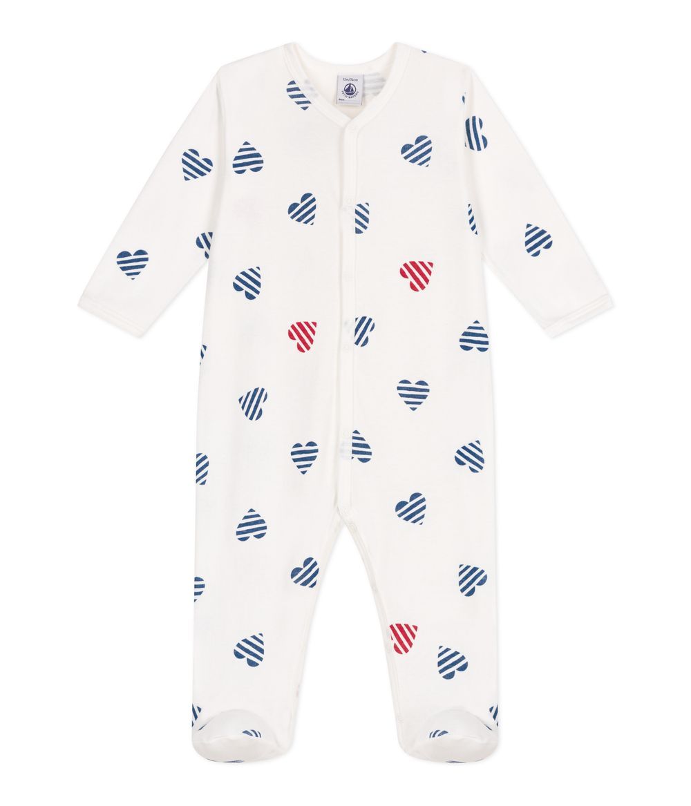 Petit Bateau - Baby Cotton Pyjamas With Striped Hearts - Marshmallow White