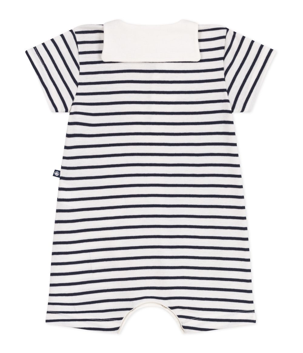 Petit Bateau - Baby's Stripy Cotton Playsuit - Marshmallow White/Smoking Blue