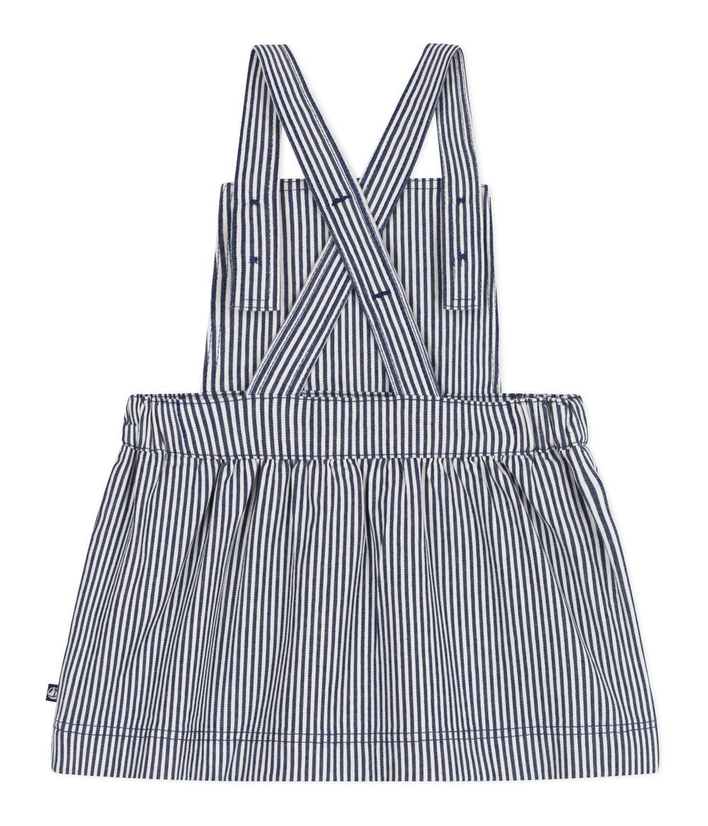 Petit Bateau - Girl's Stripy Dungaree - Medieval Blue/Marshmallow White