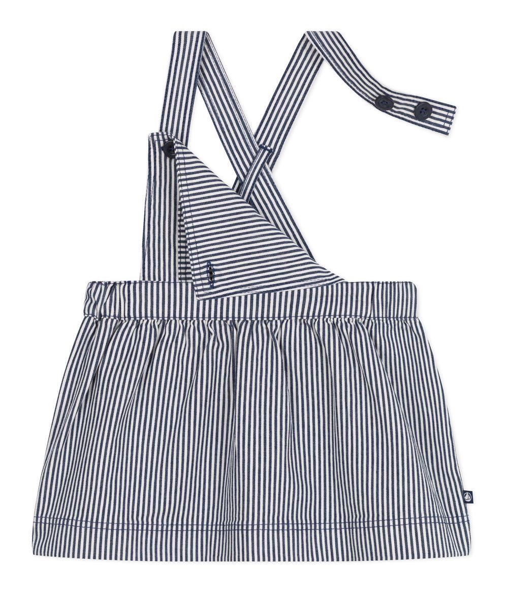 Petit Bateau - Girl's Stripy Dungaree - Medieval Blue/Marshmallow White