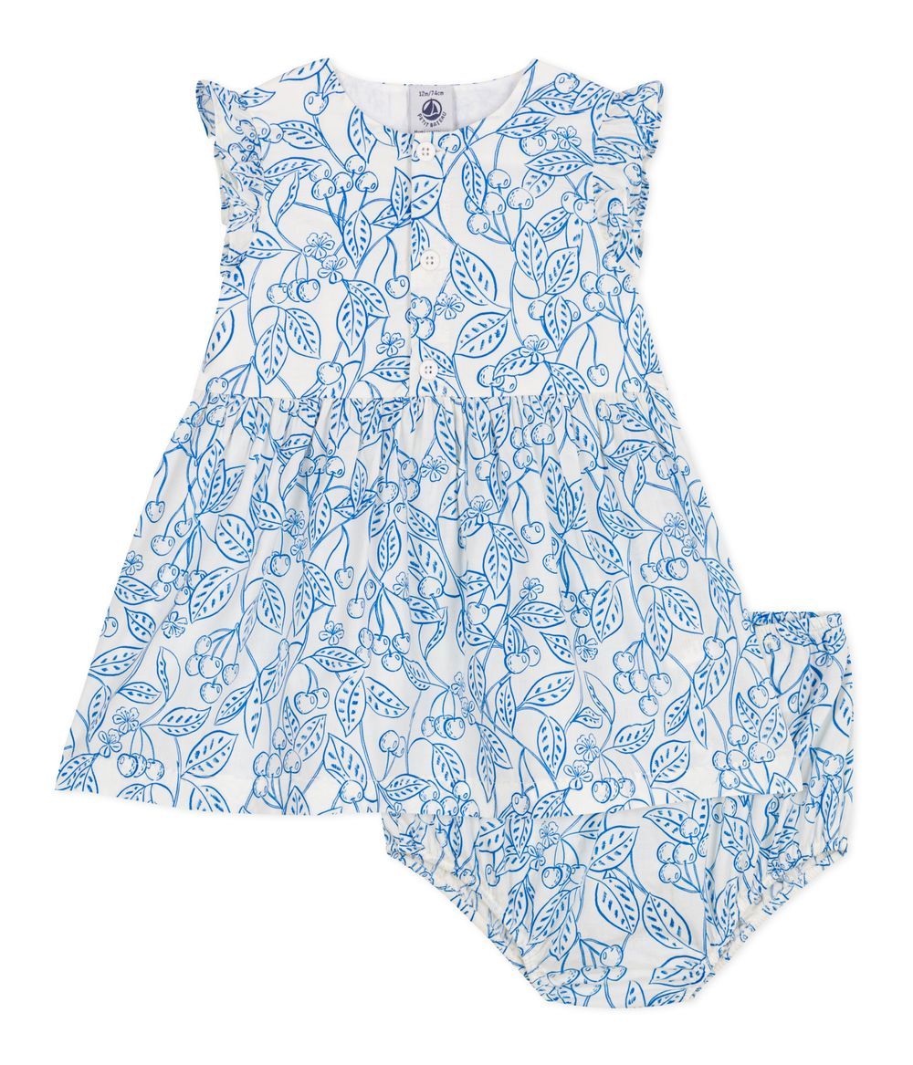 Petit Bateau - Babies' Cotton Dress And Bloomers - Blue Cherry Print