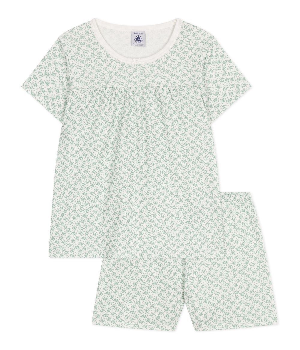 Petit Bateau - 2pc-Set - Girl's Floral Printed Short Pajamas - Marshmallow/Paul White/Green