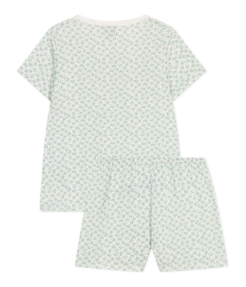 Petit Bateau - 2pc-Set - Girl's Floral Printed Short Pajamas - Marshmallow/Paul White/Green