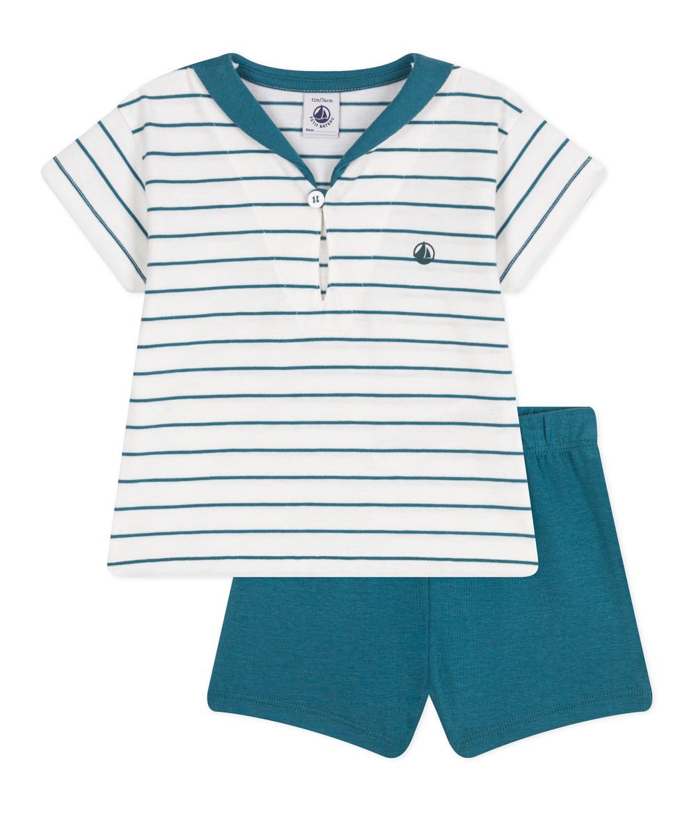 Petit Bateau - Petit Bateau - Babies Cotton Sripped T-Shirt And Plain Shorts