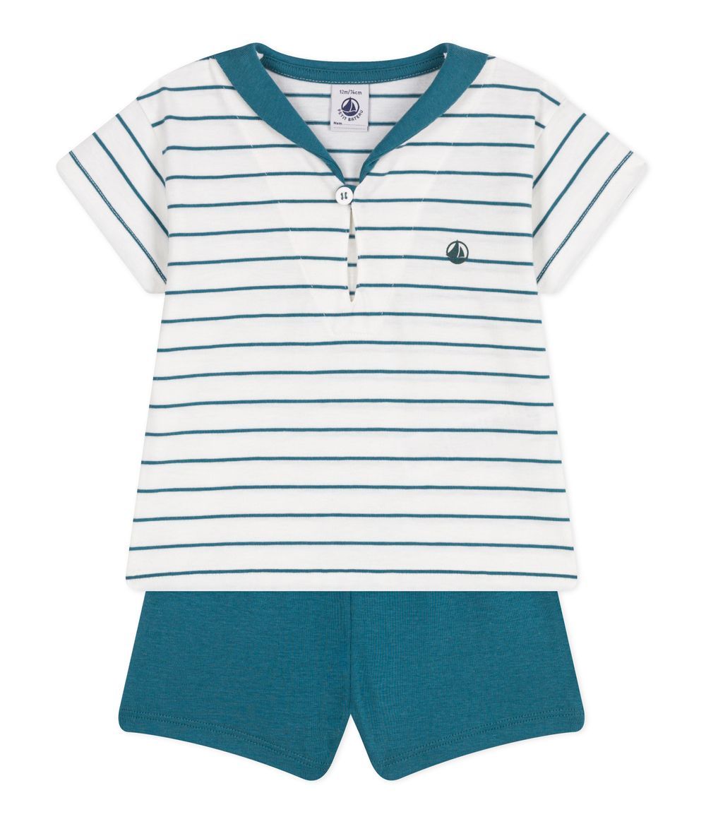 Petit Bateau - Petit Bateau - Babies Cotton Sripped T-Shirt And Plain Shorts