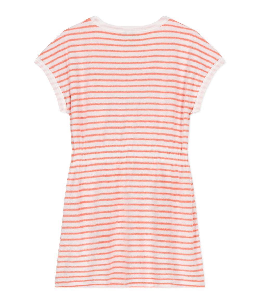 Petit Bateau - Girl's Stripy Towelling Dress - Marshmallow White/Apricot Orange