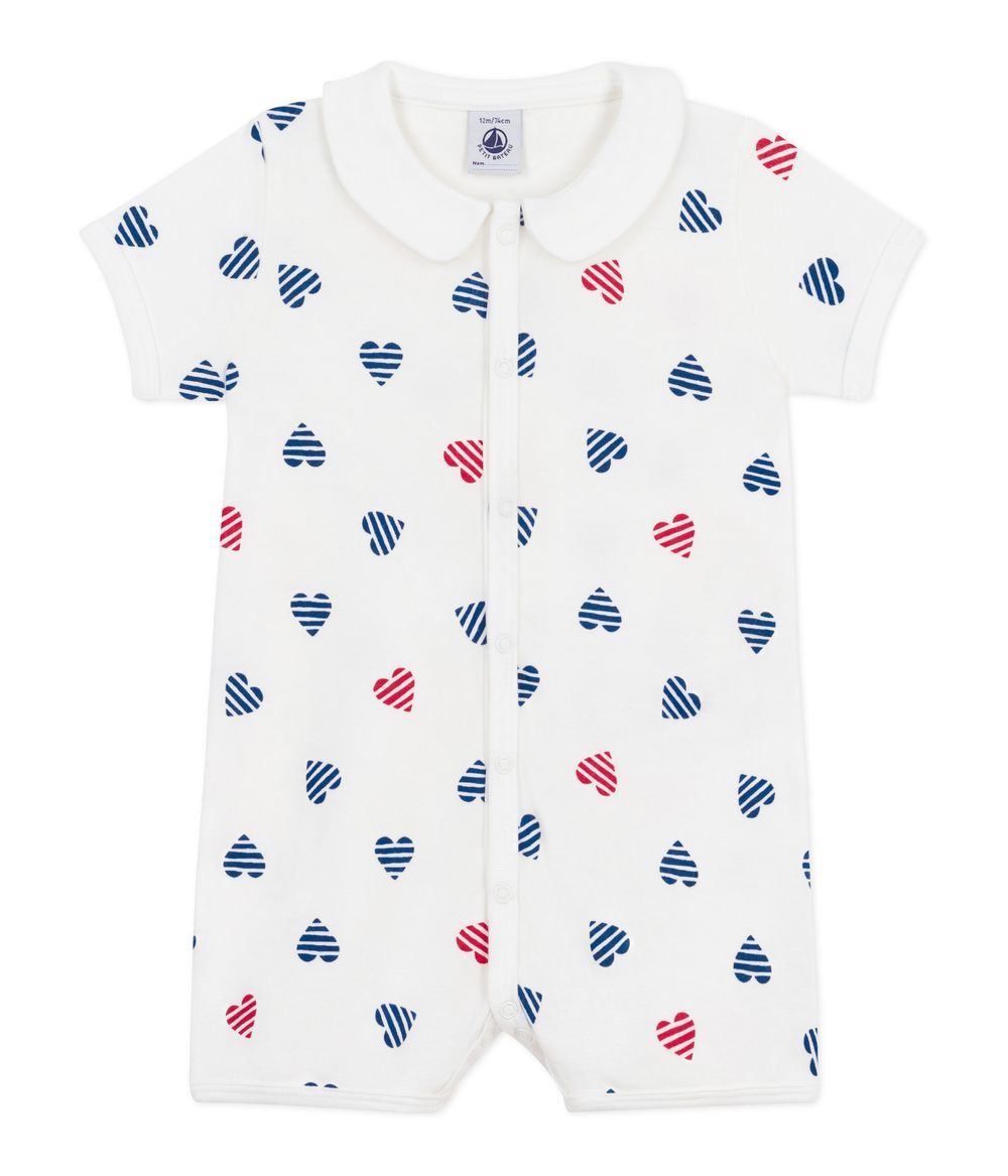 Petit Bateau - Baby Striped Heart Printed Short Romper - Marshmallow White/Multicolor