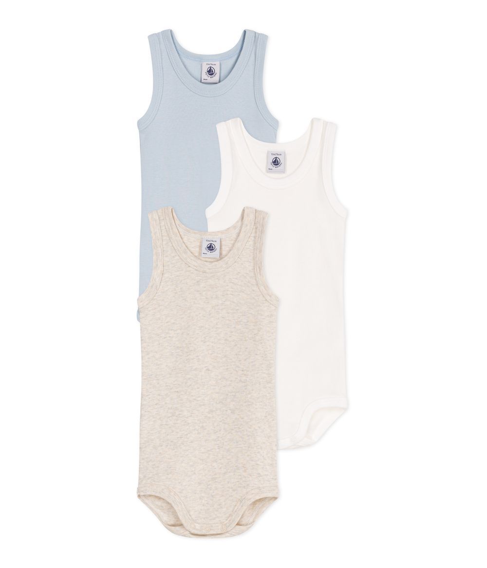 Petit Bateau - 3pc-Set - Babies' Sleeveless Plain Cotton Bodysuits - Blue/White/Grey