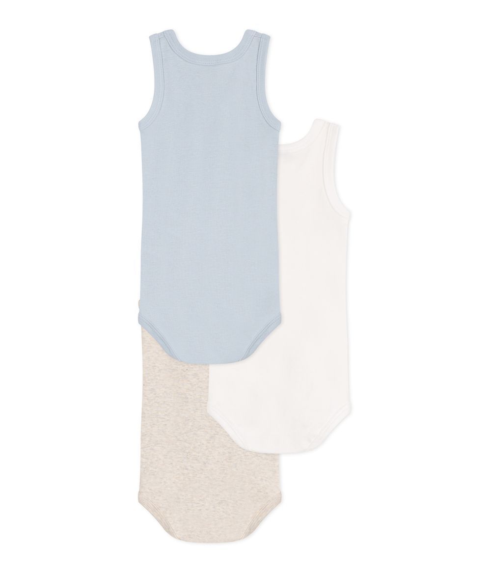 Petit Bateau - 3pc-Set - Babies' Sleeveless Plain Cotton Bodysuits - Blue/White/Grey