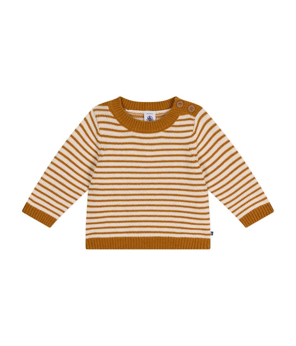 Petit Bateau - Babies' Jumper In A Wool And Cotton Knit - Ecureuil/Avalanche Brown/White