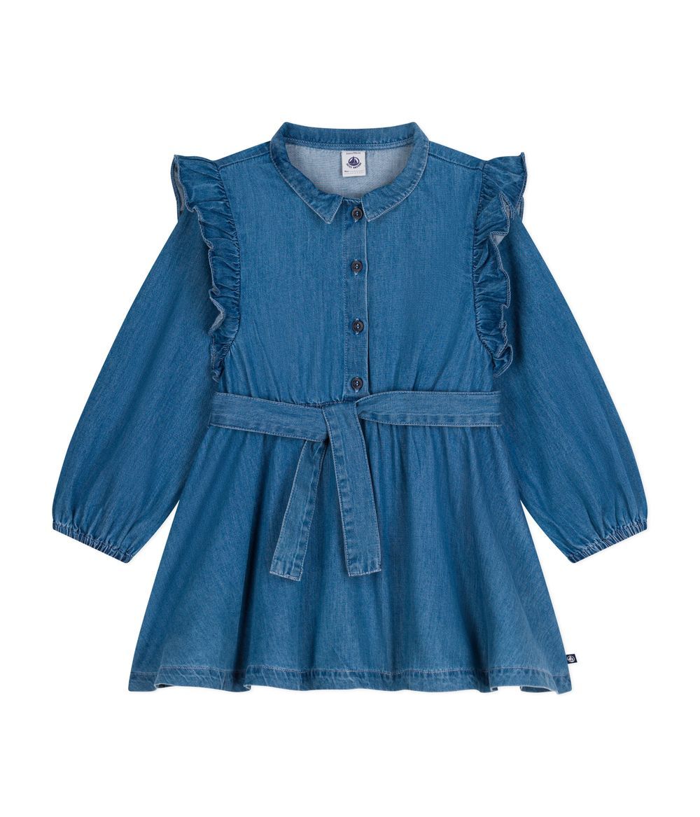 PETIT BATEAU - Girls' Longsleeve Dress - Denim Clair Blue