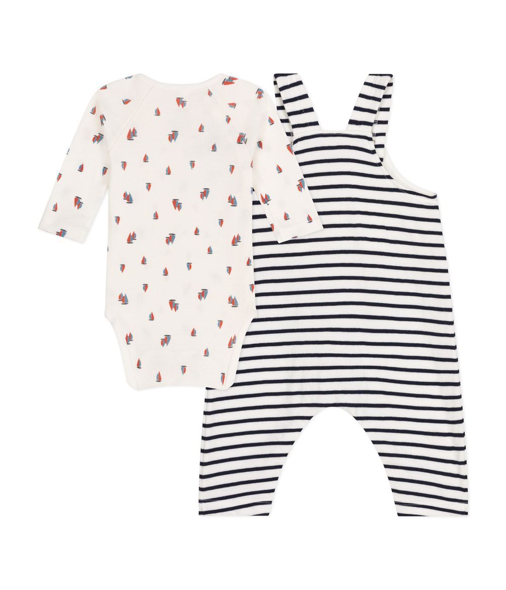 Petit Bateau - 2pc-Set - Babies' Dungarees And Bodysuit - Marshmallow/Smoking White/Blue