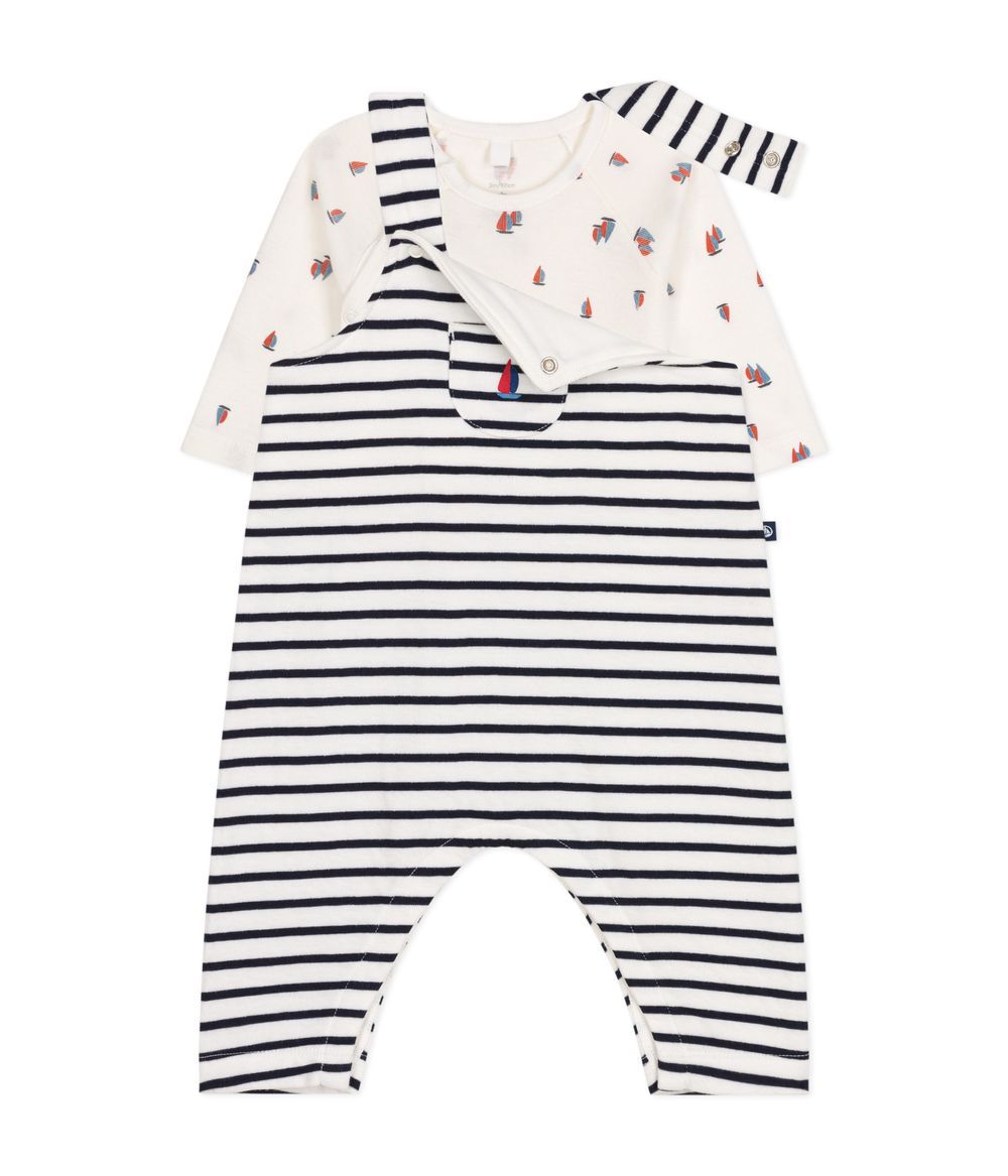 Petit Bateau - 2pc-Set - Babies' Dungarees And Bodysuit - Marshmallow/Smoking White/Blue