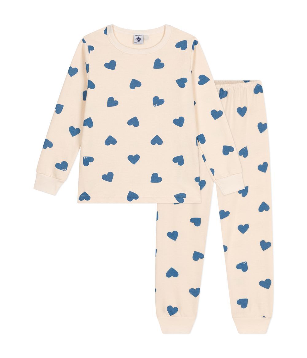 Petit Bateau - 2pc-Set - Heart Printed Cotton Pyjama - Beige/Blue