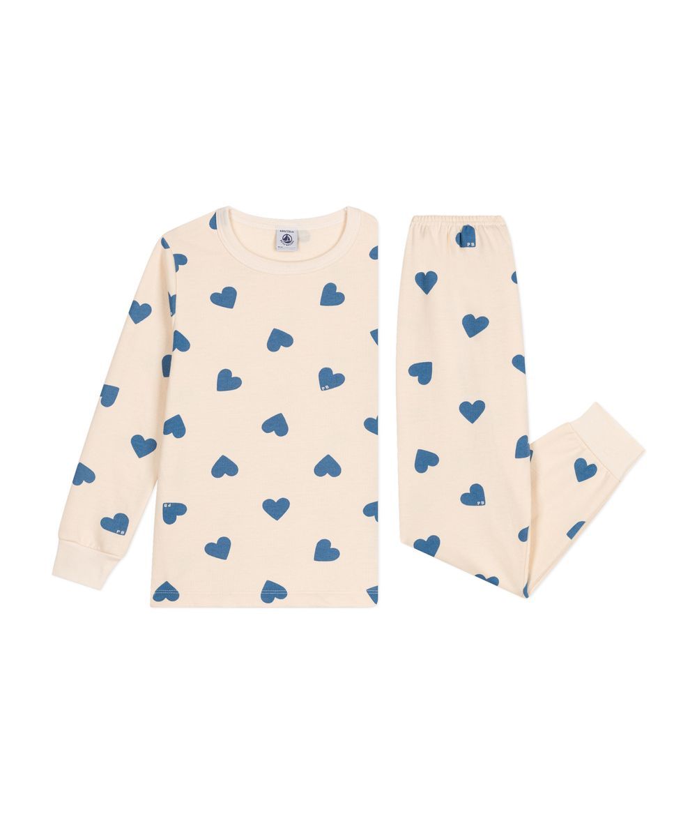 Petit Bateau - 2pc-Set - Heart Printed Cotton Pyjama - Beige/Blue