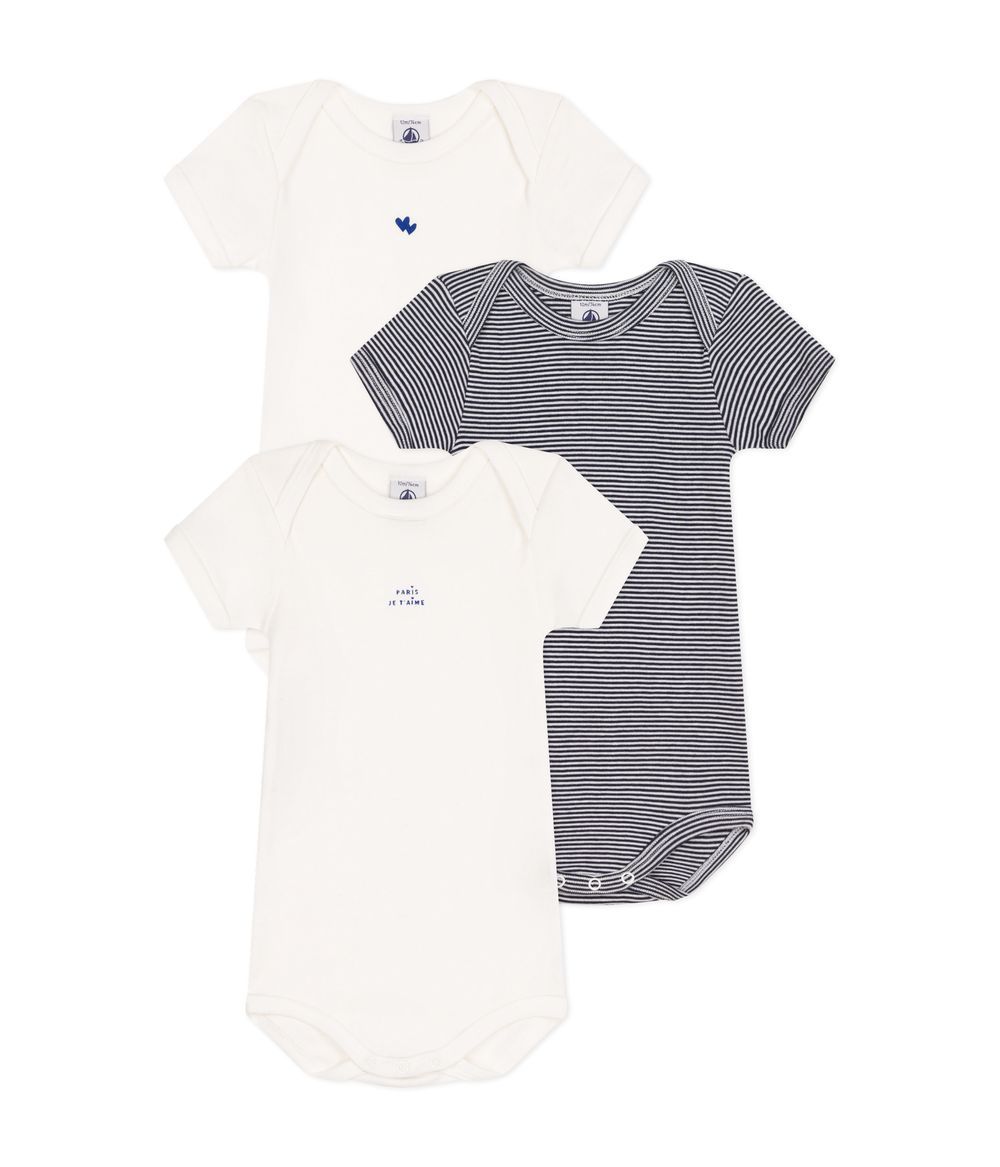 Petit Bateau - 3pc-Set - Babies' Short Sleeved Cotton Bodysuits - White/Blue