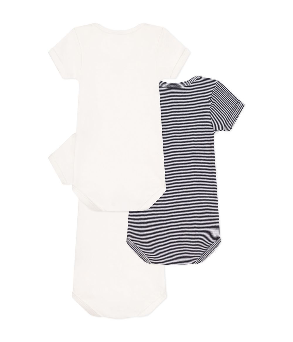 Petit Bateau - 3pc-Set - Babies' Short Sleeved Cotton Bodysuits - White/Blue