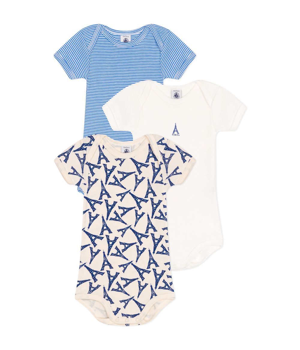 Petit Bateau - 3pc-Set - Babies' Paris Themed Short Sleeved Bodysuits - Blue/White/Beige