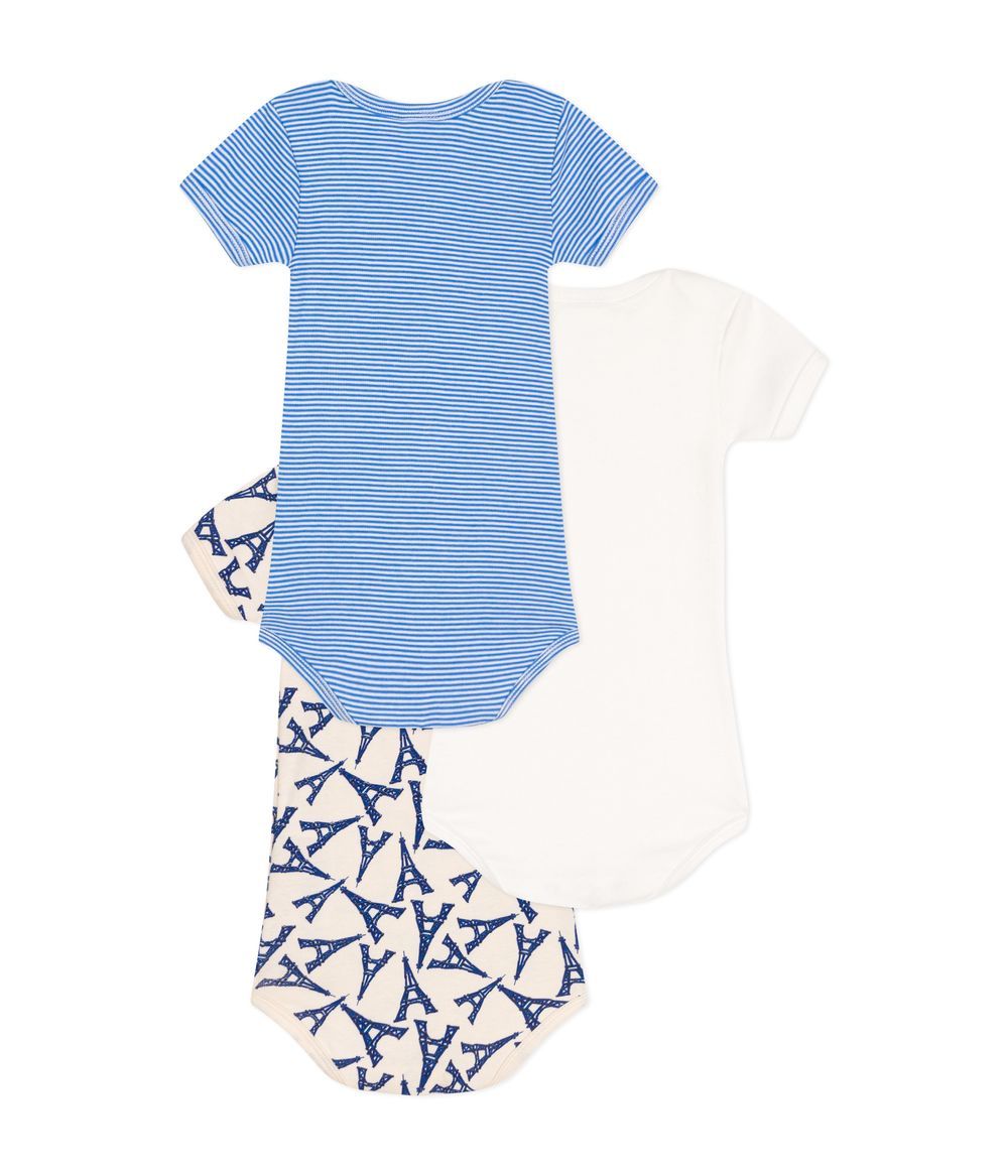 Petit Bateau - 3pc-Set - Babies' Paris Themed Short Sleeved Bodysuits - Blue/White/Beige