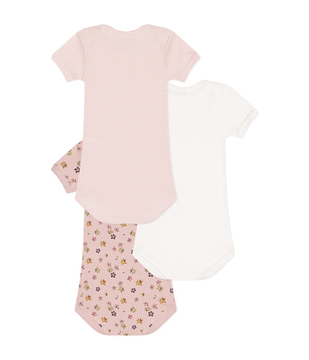 Petit Bateau - 3pc-Set - Babies' Short Sleeved Floral Cotton Bodysuits - Pink/White