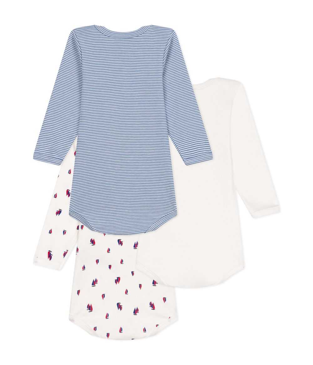 Petit Bateau - 3pc-Set - Babies' Cotton Long Sleeved Regatta Printed Bodysuits - Blue/White