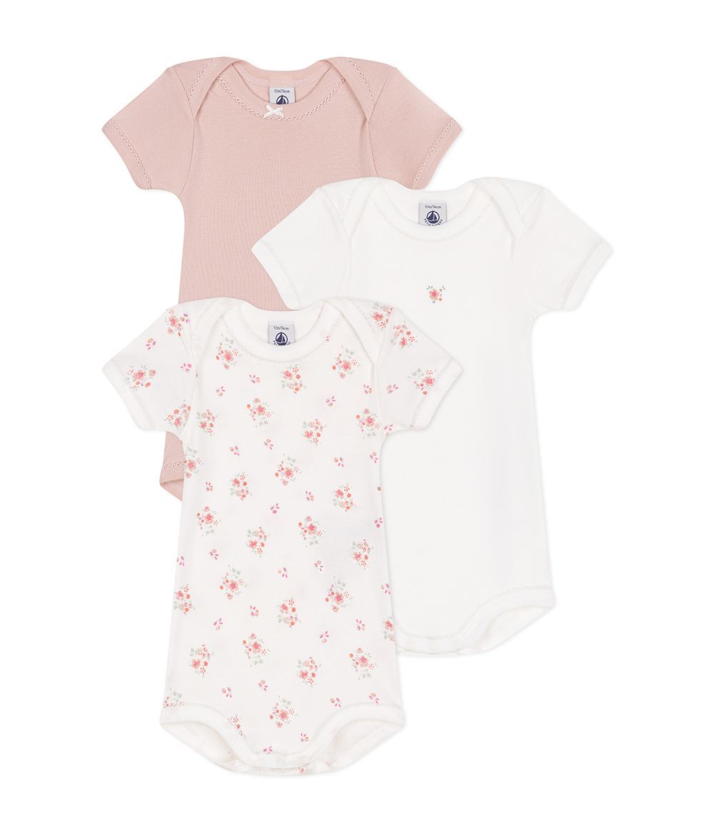 Petit Bateau - 3pc-Set - Babies' Short Sleeved Flower Patterned Bodysuits - Pink/White