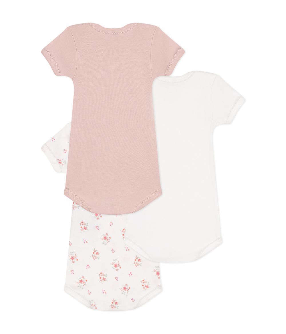 Petit Bateau - 3pc-Set - Babies' Short Sleeved Flower Patterned Bodysuits - Pink/White