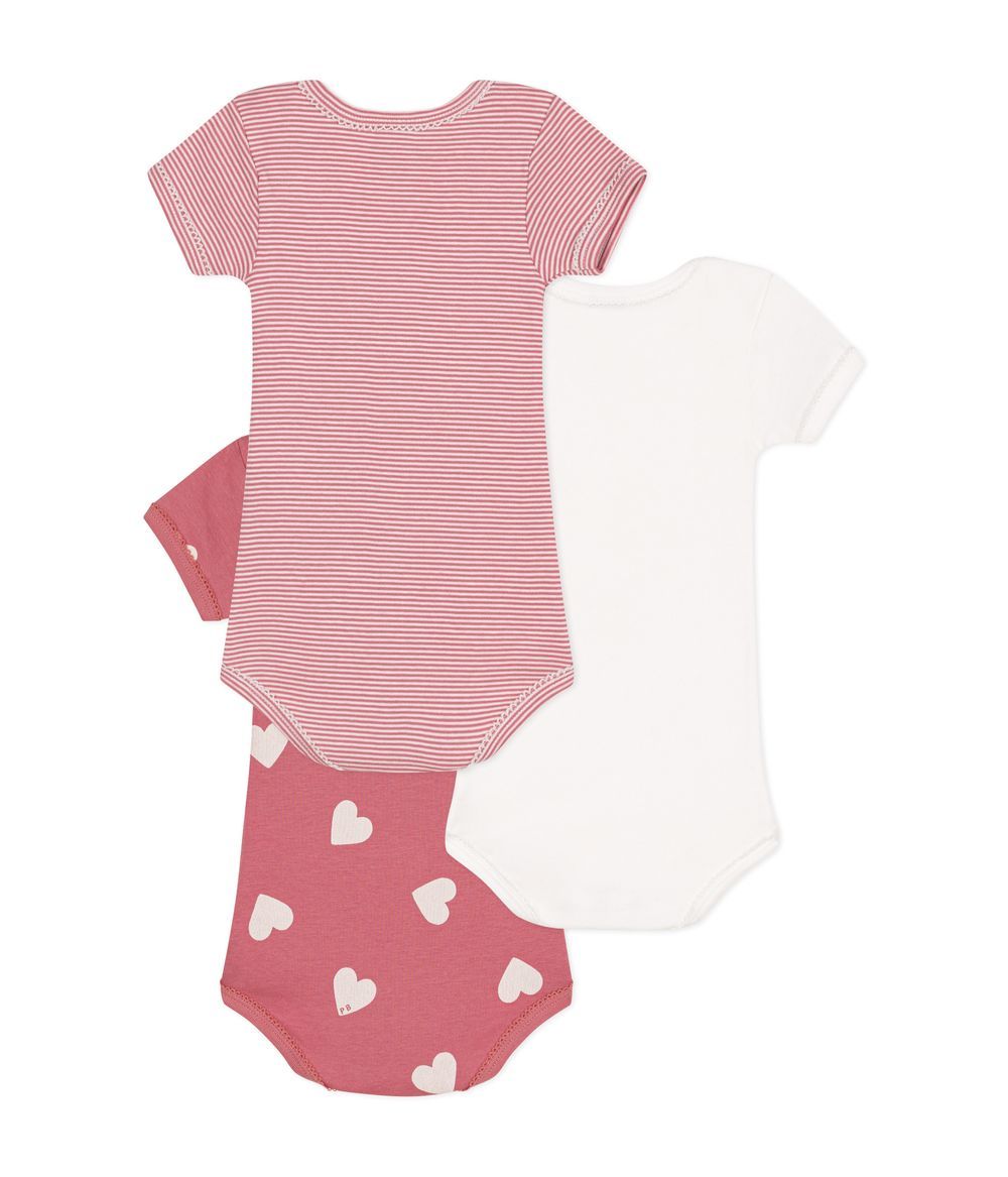 Petit Bateau - 3pc-Set - Babies Short Sleeved Heart Pattern Bodysuits - Pink/White/Red