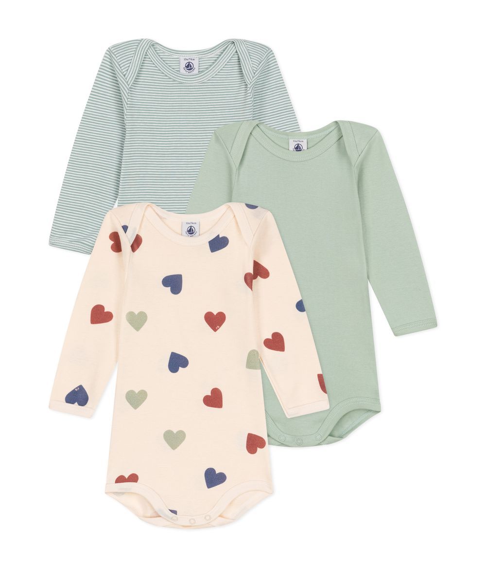 Petit Bateau - Babies' Long-Sleeved Cotton Bodysuits Pack Of 3 - Triple Heart Print