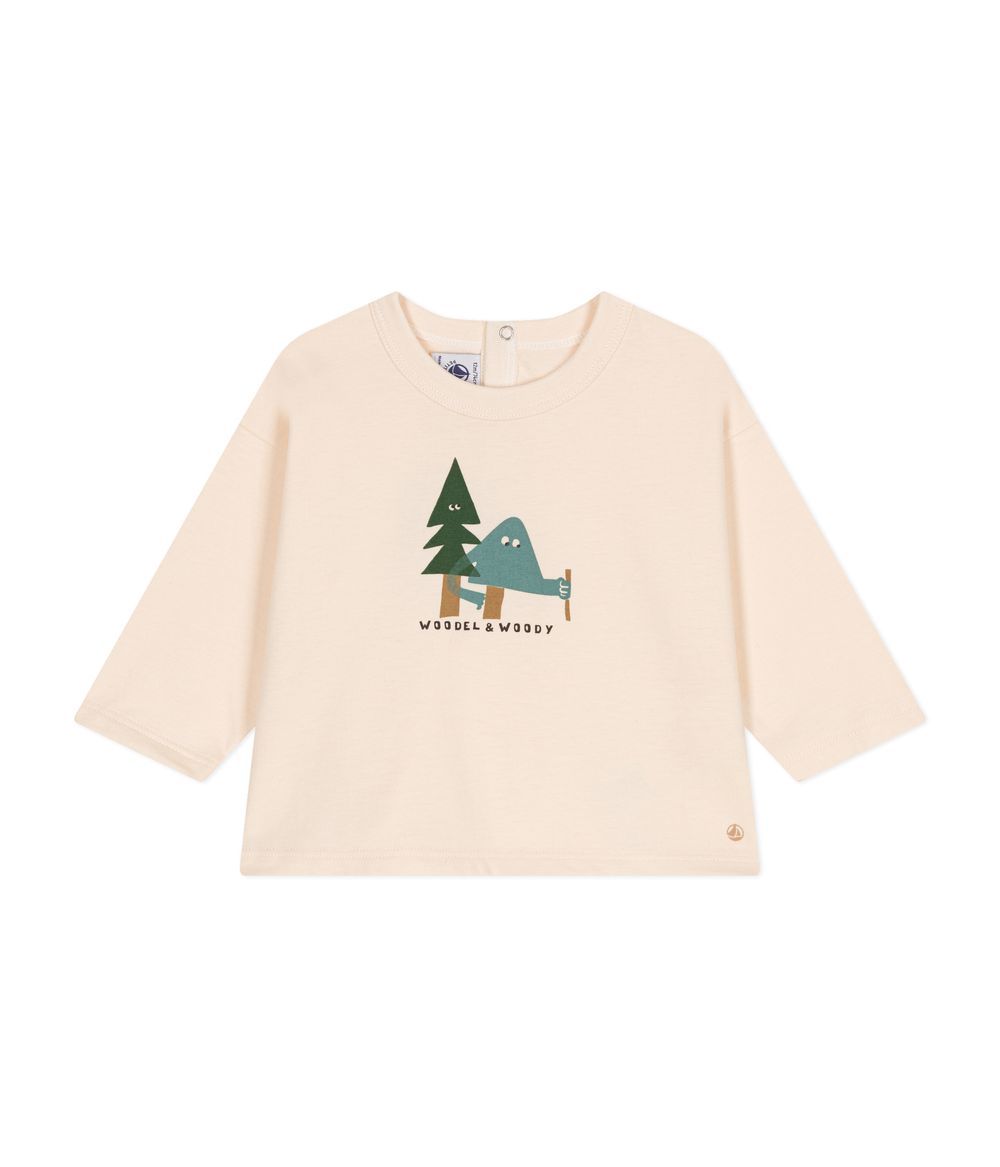 Petit Bateau - Babies' Long Sleeved T-Shirt In Fine Jersey - Avalanche White/Beige