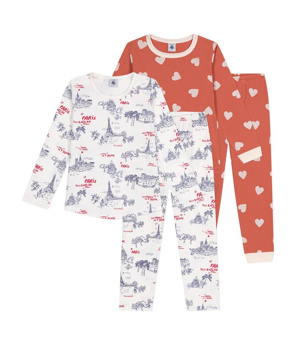 PETIT BATEAU - Children's Cotton Pyjamas Pack Of 2 - Set 1 Rosewood Hearts/Paris