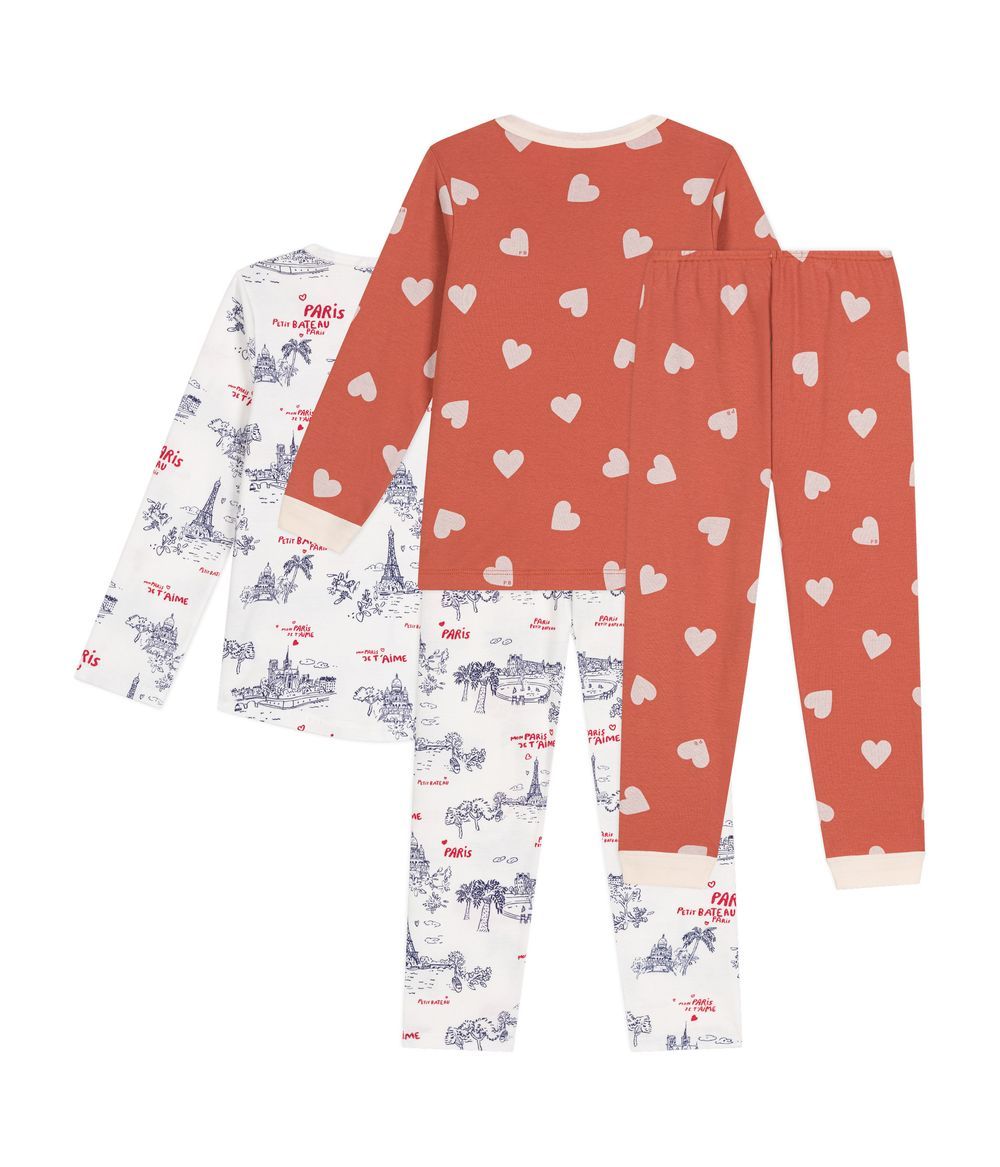 PETIT BATEAU - Children's Cotton Pyjamas Pack Of 2 - Set 1 Rosewood Hearts/Paris