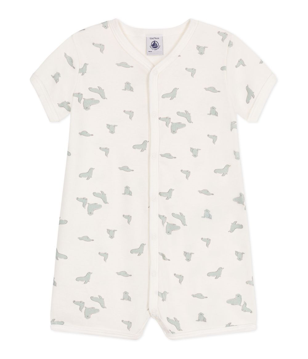 Petit Bateau - Seal Printed Short Baby Romper - Marshmallow White