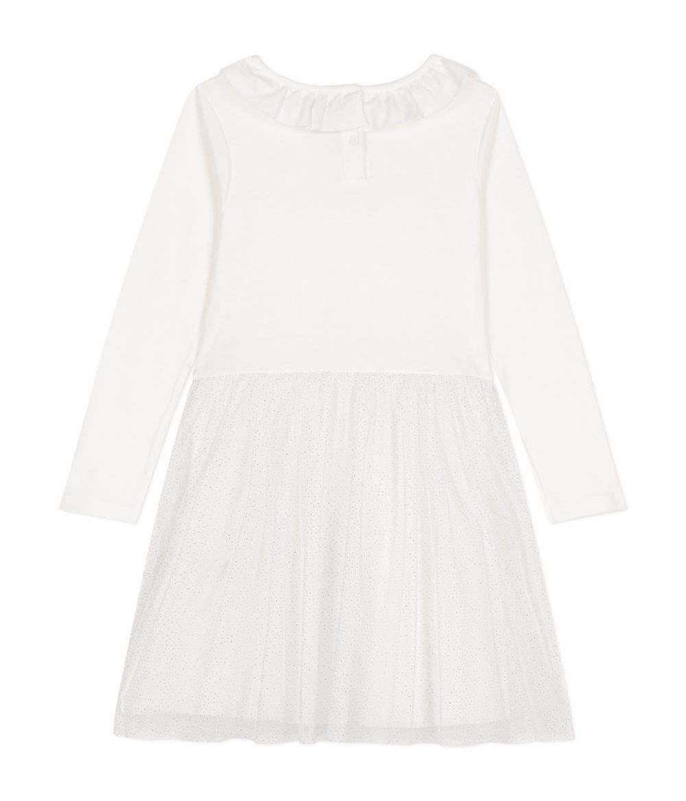 Petit Bateau - Girls Rib Knit Tulle Dress - Marshmallow White