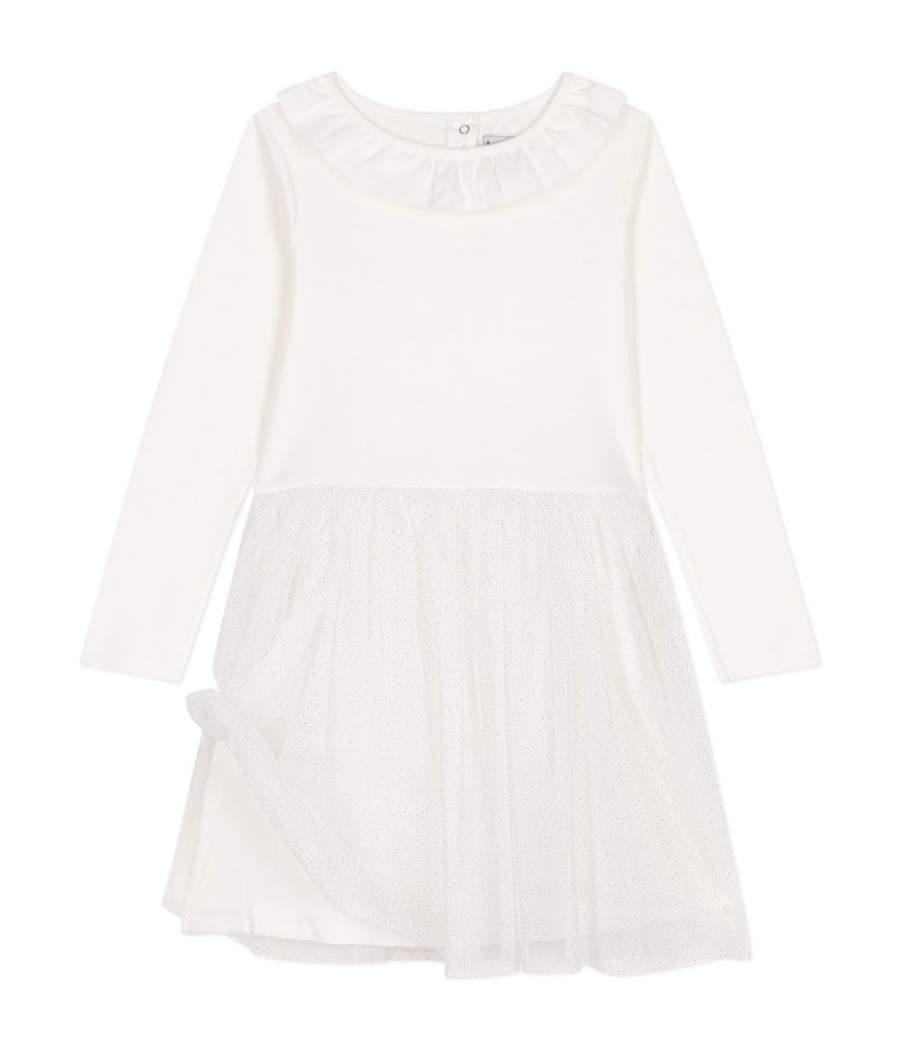 Petit Bateau - Girls Rib Knit Tulle Dress - Marshmallow White