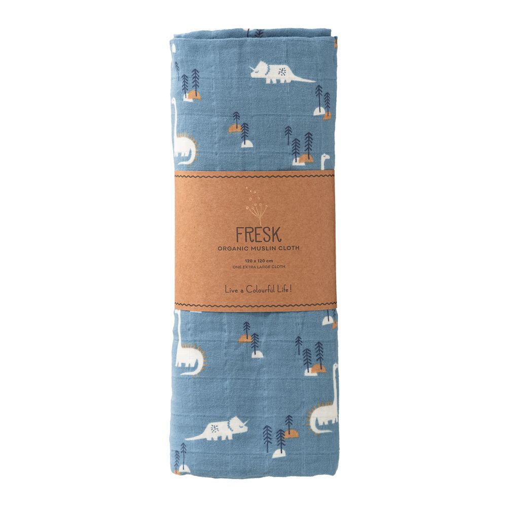 Fresk - Baby Swaddle - Dino - Blue - 120x120cm