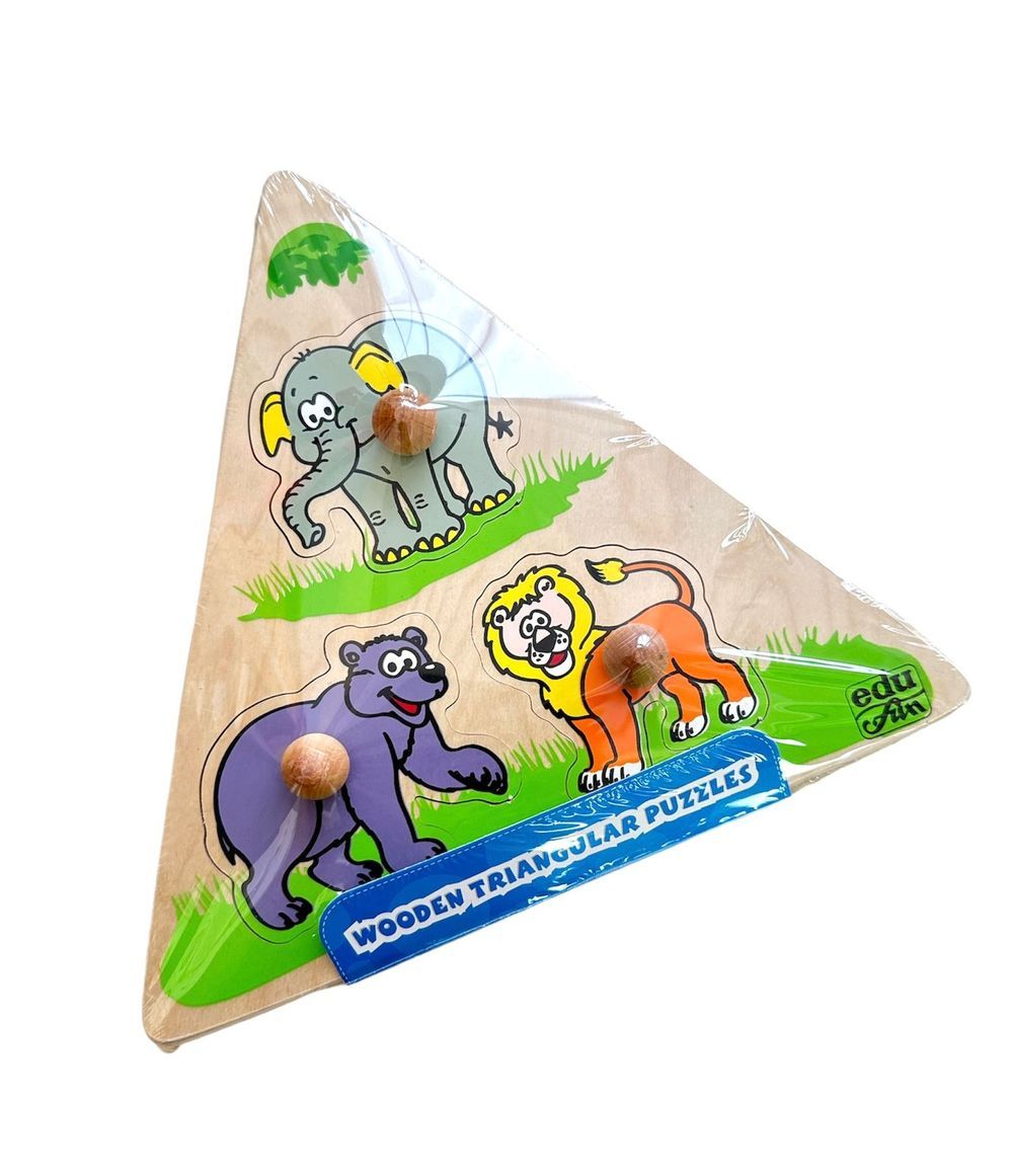 Edu Fun - Wooden Triangular Shape Board With Wooden Knobs Puzzle - Zoo Animal