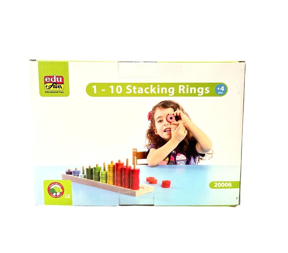 Edu Fun - 1 to 10 Stacking Rings with 2 Wooden Bases 65 Pcs