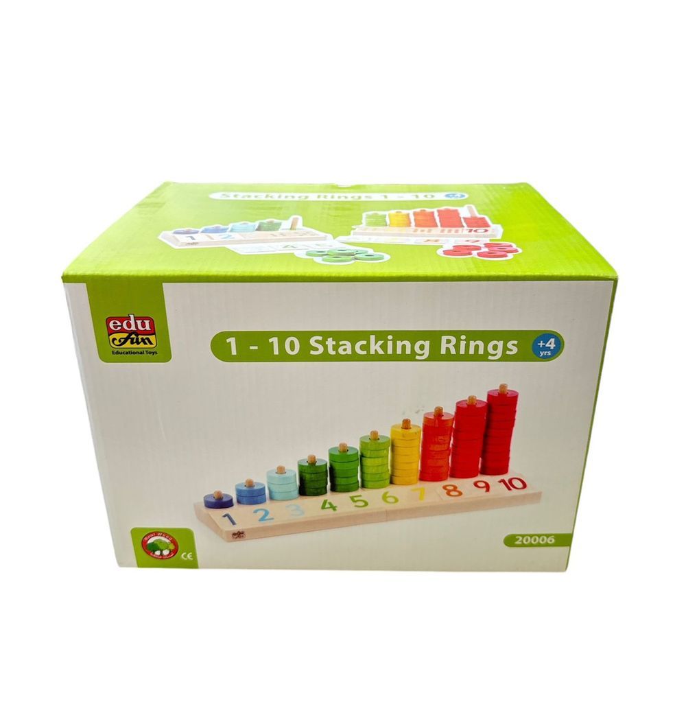 Edu Fun - 1 to 10 Stacking Rings with 2 Wooden Bases 65 Pcs