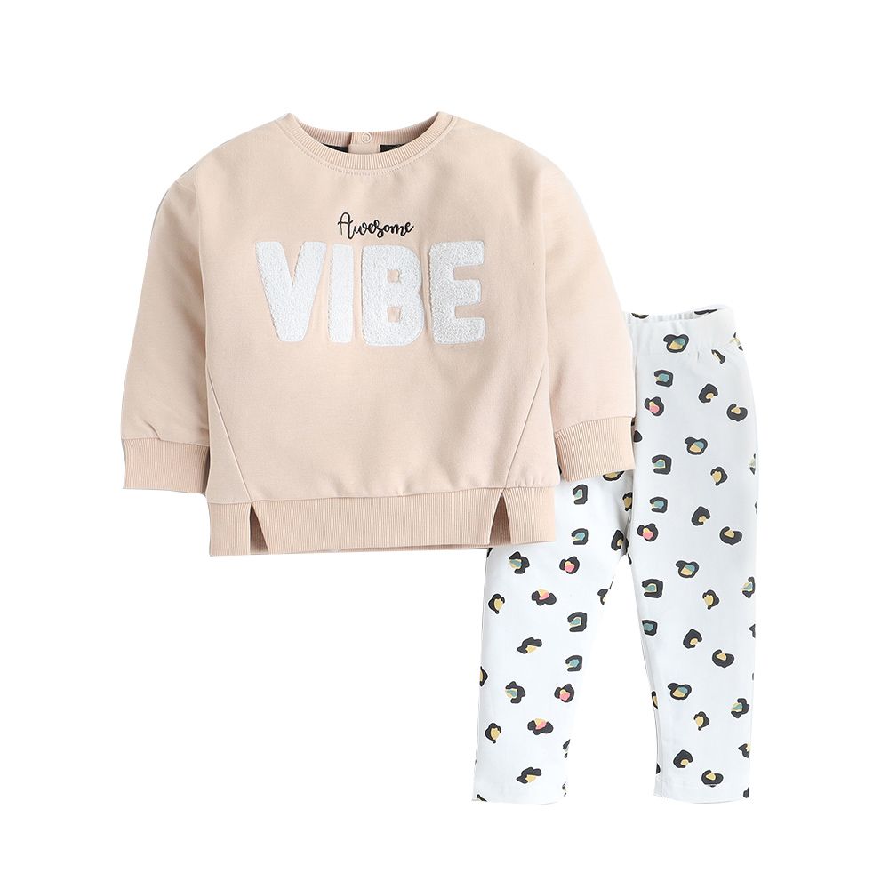 Victor And Jane - 2pc-Set - Girls' Long Sleeves Sweat Top And Printed Leggings - Beige/White